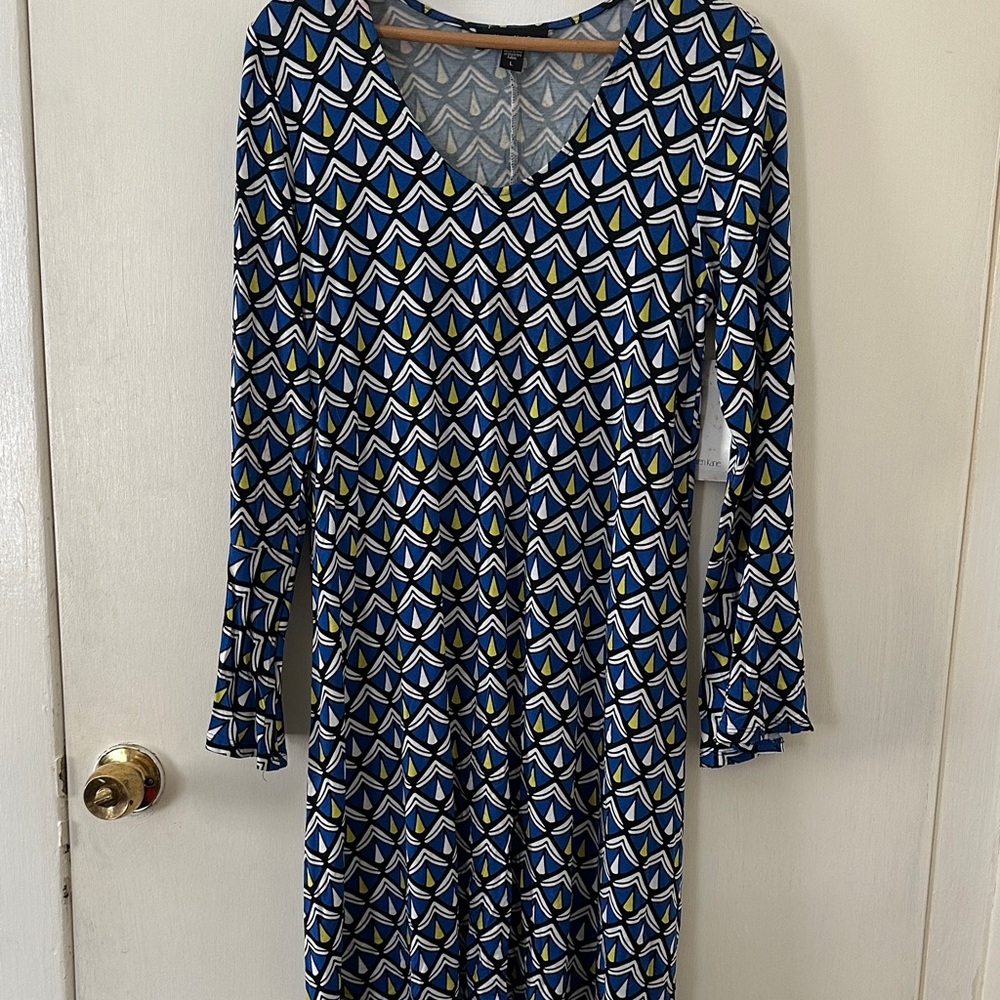 Karen Kane Blue and Yellow Geometric Long Sleeve Dress NWT